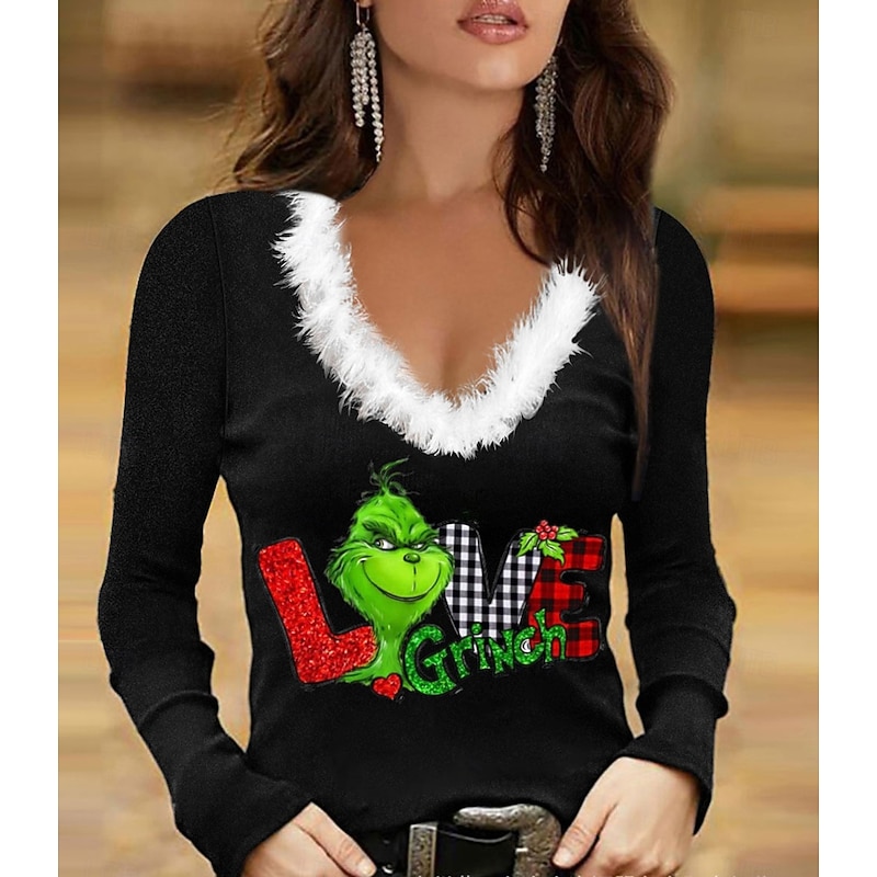 Women's T-Shirt Festive Reindeer Long Sleeve V-Neck Plush Collar Holiday Party Casual Winter Top Black Snowflake Print4