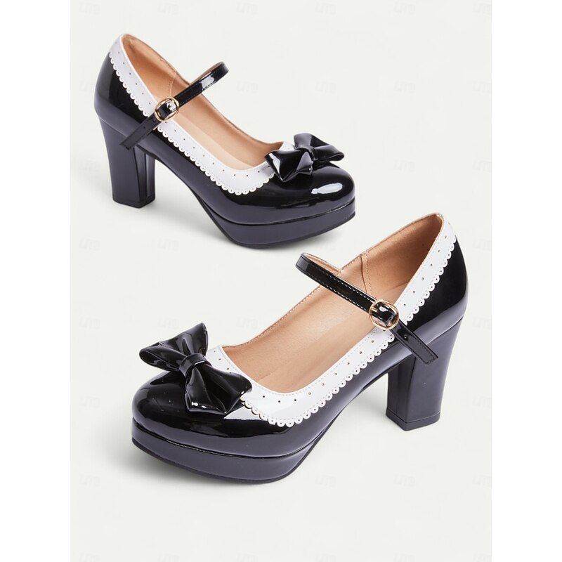 Women's Black and White Mary Jane Heels with Bow Detail - Vintage Platform Pumps with Ankle Strap for Cosplay and Retro Outfits2