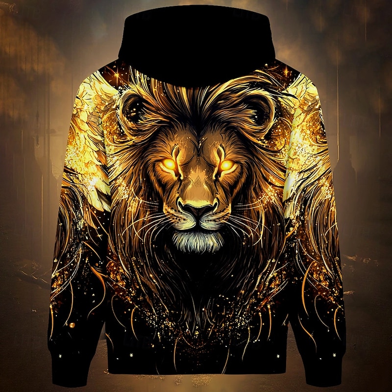 Men's Lion Hoodies Sweatshirt Fashion Cool Long Sleeve Crew Neck Party Holiday Streetwear Black Drawstring Fall Winter Designer2