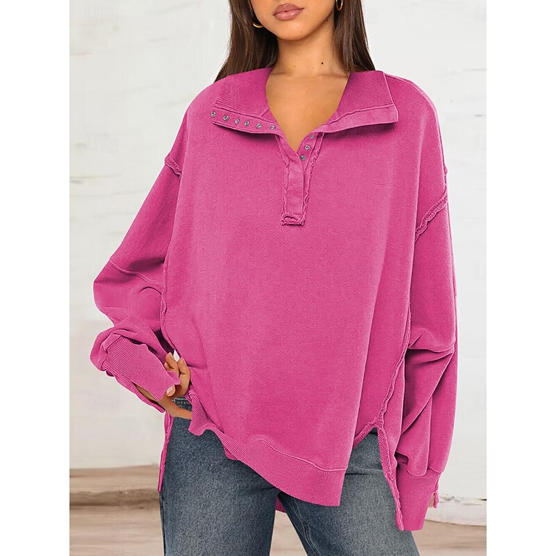 Women's Sweatshirt Casual Plain Street Dailywear V Neck Buttons Long Sleeve White Fuchsia Green Fall Winter4