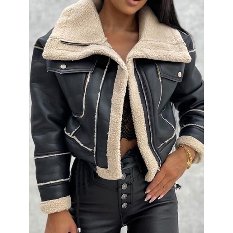 Women's Faux Leather Jacket Fleece Jacket Teddy Coat Warm Breathable Zipper Pocket Fleece Lined Casual Plain Vacation Street Daily Wear Going out Zipper Short Turndown Regular Fit Long Sleeve