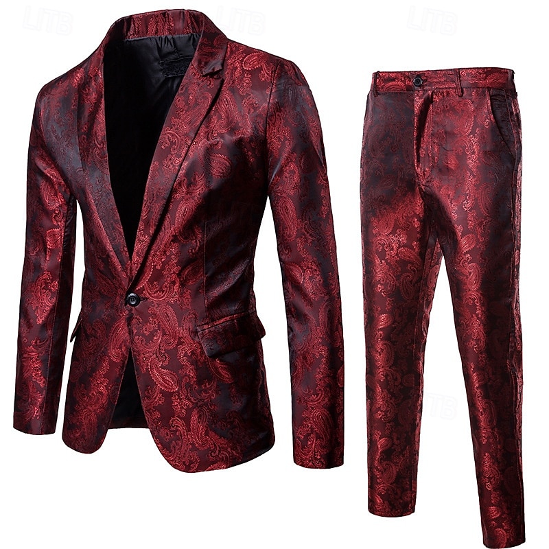 Men's Blazer Set Business Cocktail Party Wedding Party Fashion Casual Spring &  Fall Cotton Blend Paisley Pocket 2 Piece Comfortable Single Breasted Blazer Black Yellow Burgundy Navy Blue