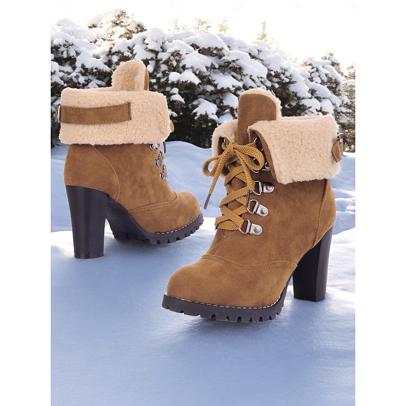 Women's Faux Suede High Heel Winter Boots – Fur-Lined Lace-Up Boots with Chunky Heel for Snow and Cold Weather2