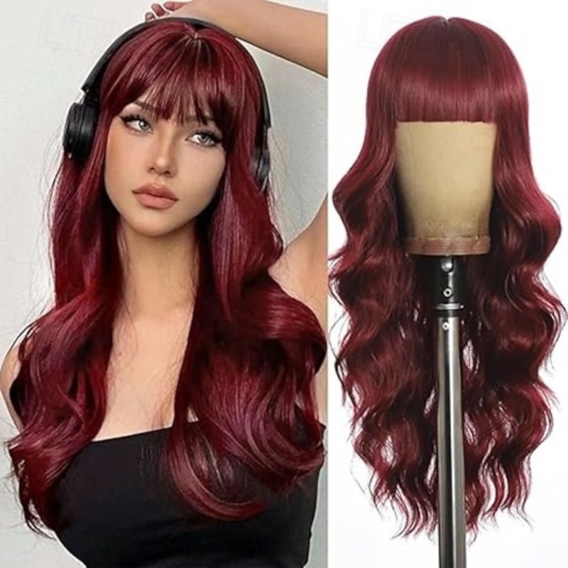 Wigs with Bangs,Long Curly Wig for Women Long Wavy Wig Synthetic Hair Wig for festival holiday Use