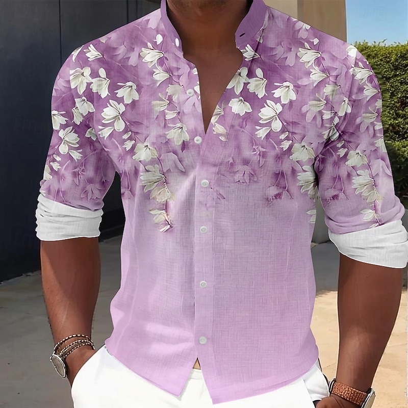 Men's Floral Dress Shirt Button Up Shirt Long Sleeve Hawaiian Casual Vacation Party Evening Wear Daily Summer Spring &  Fall Grandad Collar Band Collar 3D Print Pink Blue Green