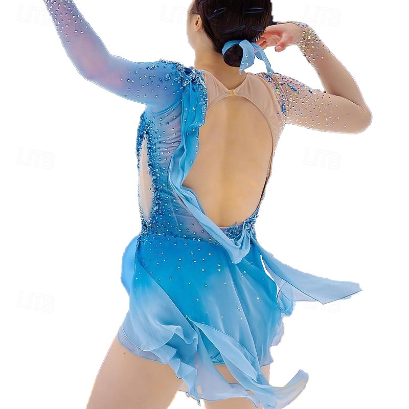 Figure Skating Dress Women's Girls' Ice Skating Dress Sky Blue Patchwork Thumbhole Mesh Spandex Stretchy Training Practice Professional Skating Wear Thermal Warm Crystal / Rhinestone Long Sleeve Ice2