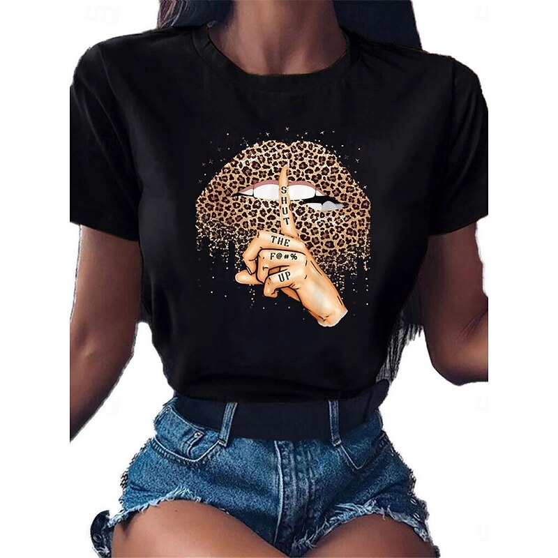 Women's T Shirt Leopard Mouth Fashion Modern Casual Short Sleeve Crew Neck Regular Tops Daily Weekend Black Summer3