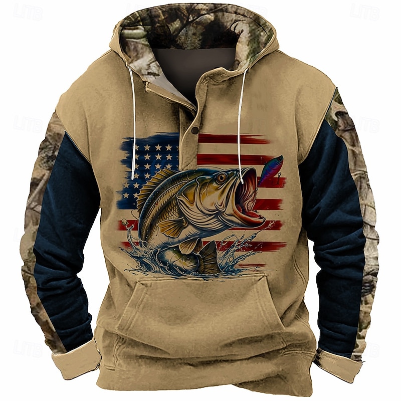 Men's American US Flag Fish Hoodie Sweatshirt Cowboy Casual Long Sleeve Hooded Sports Outdoor Streetwear Light Brown Brown Pocket 3D Print Fall Winter Designer4