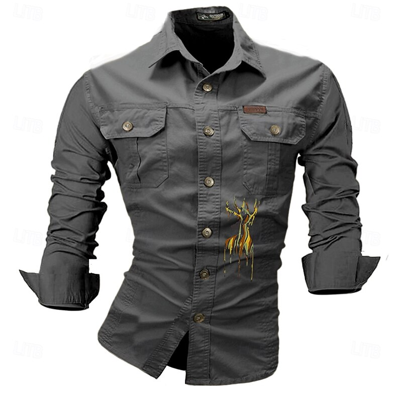 Men's Deer Work Shirt Western Shirt Cargo Shirt Long Sleeve Casual Sports & Outdoor Going out Winter Spring &  Fall Turndown Print Black White Army Green Red Blue3