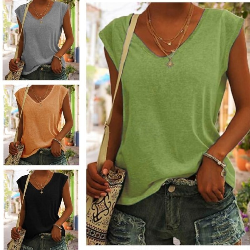 T Shirt Tank Women's Black White Yellow Plain Basic Daily Daily V Neck Regular Fit S