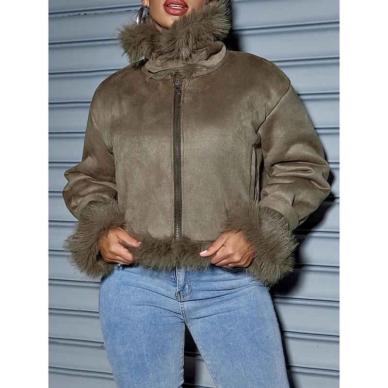 Women's Winter Coat Outdoor Street Daily Wear Fall Winter Short Coat Regular Fit Thermal Warm Breathable Stylish Casual Jacket Long Sleeve Plain Faux Fur Trim Green4