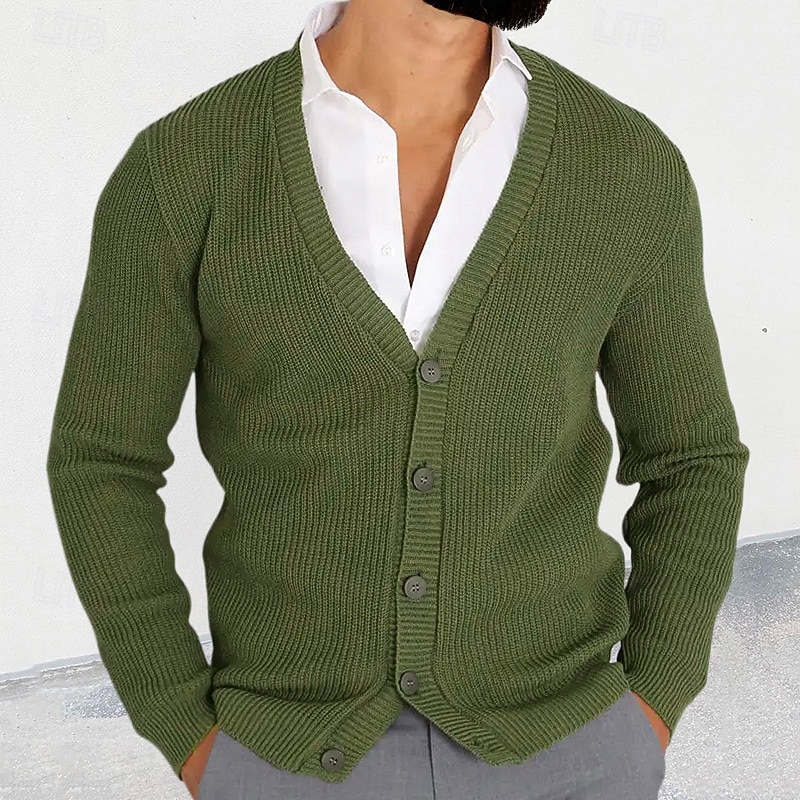 Men's Cardigan Sweater Cardigan Cropped  Sweater Cable Knit Knit Regular Button-Down Plain V Neck Fashion Classic Daily Wear Date Clothing Apparel Fall & Winter Black Military Green M L XL2