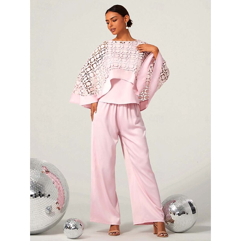 Women's Two-Piece Set Cape Top Cutouts High Waist Wide-Leg Trousers Light Pink Elegant Party Formal Spring Summer Outfit S M L XL XXL 5