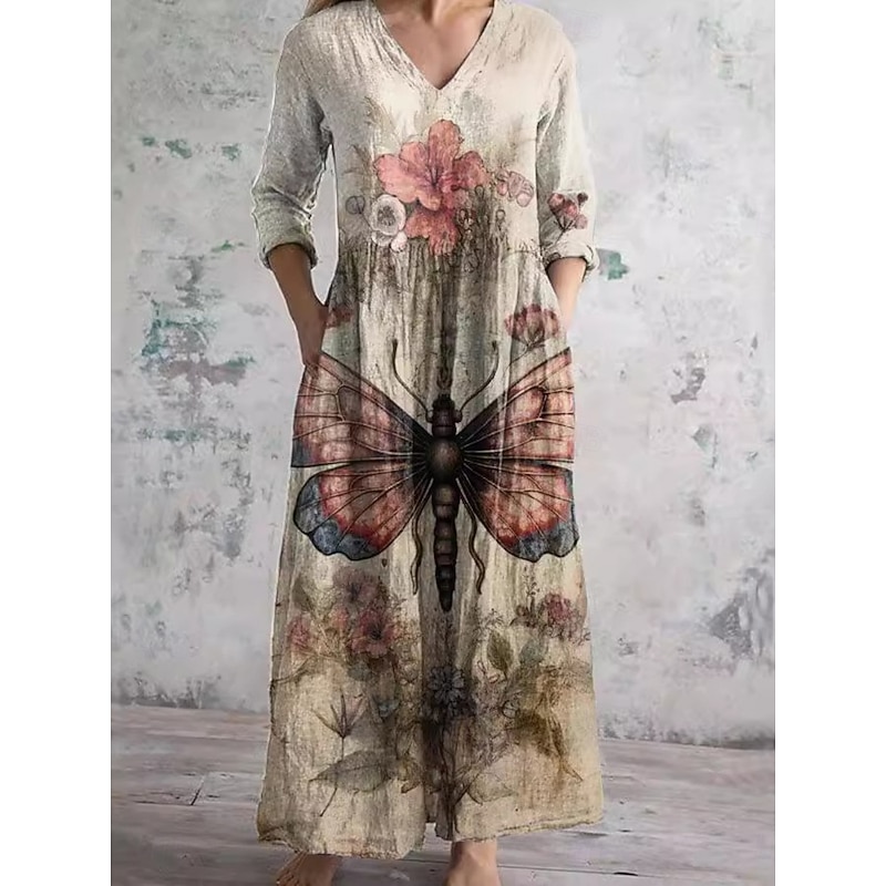 Women's Maxi Dress Casual Dress Swing Dress Boho Dress Casual Daily Regular Fit Floral Long Sleeve V Neck Black Blue Khaki Summer Spring Fall3