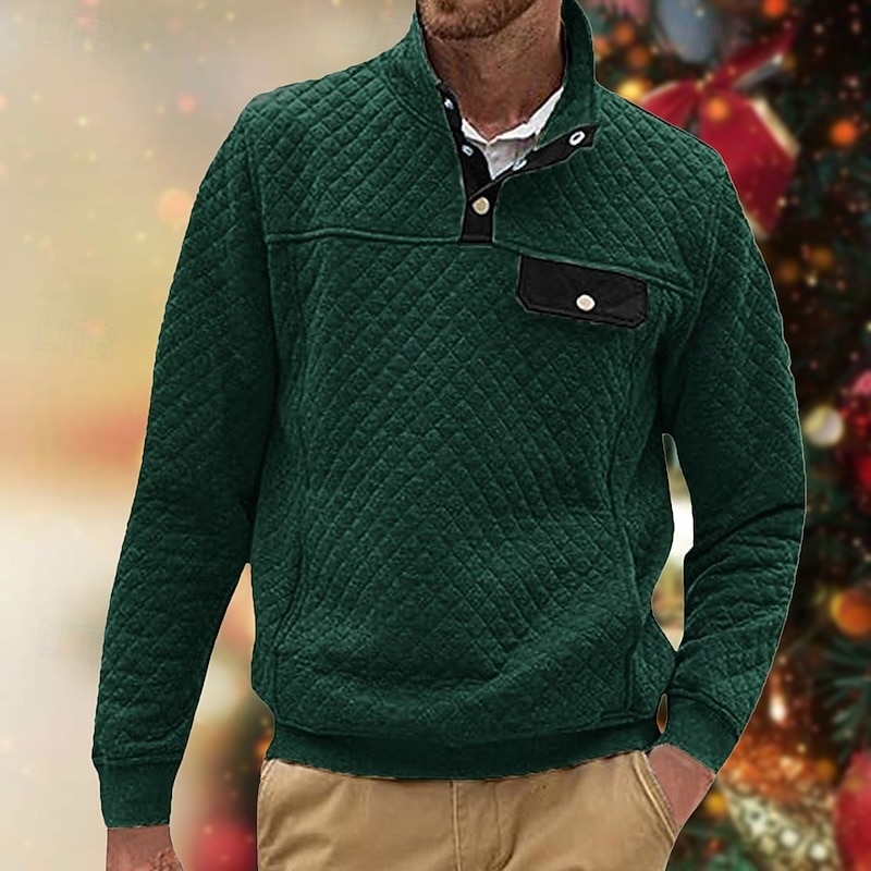 Men's Sweatshirt Black White Dark Green Light Grey Dark Gray Standing Collar Color Block Jacquard Patchwork Pocket Ribbed Sports & Outdoor Daily Holiday Polyester Textured Streetwear Basic Casual