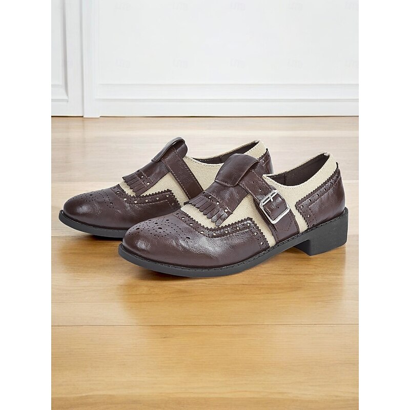 Women's Brown Brogue Oxford Shoes with Fringe, Buckle Strap, and Canvas Accents - Vintage-Style Footwear for Casual and Formal Occasions4