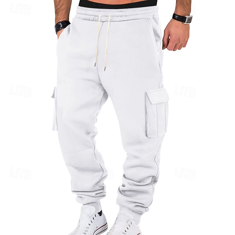 Men's Fleece Pants Sweatpants Joggers Trousers Cargo Sweatpants Pocket Drawstring Elastic Waist Plain Comfort Warm Sports Outdoor Daily Fashion Casual Black White Micro-elastic2