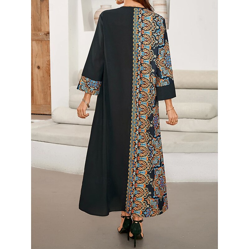 Women's Maxi Dress Casual Dress Kaftan Dress Boho Dress Casual Daily Regular Fit Geometric 3/4 Length Sleeve Notched Neck Black Spring Fall2