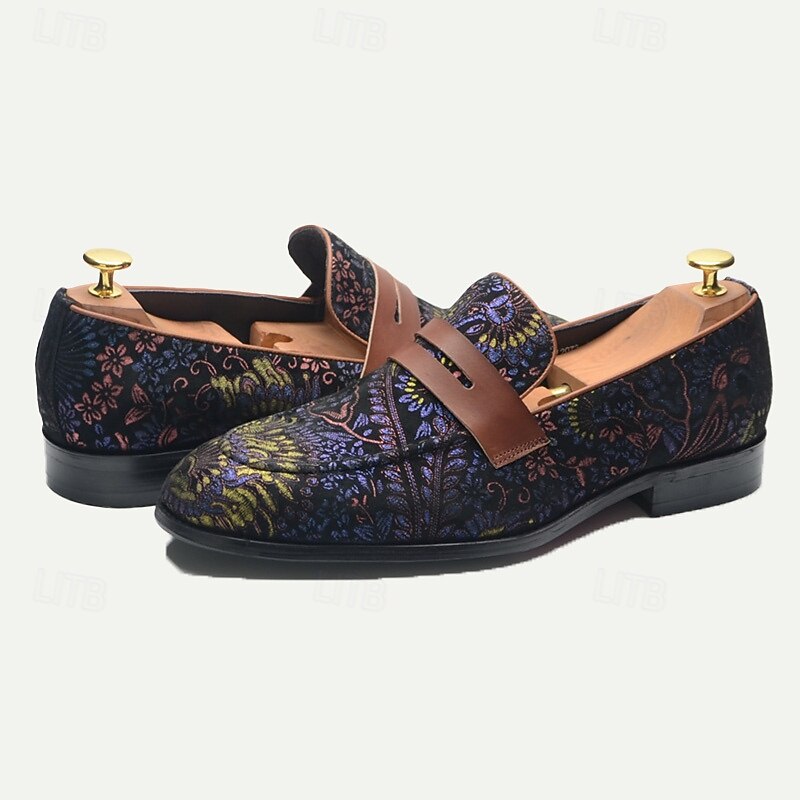 Floral Embroidered Men's Dress Loafers - Exotic Printed Leather Shoes with Contrasting Strap3