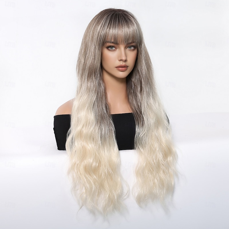 24 Inch Synthetic Wig Women's Wig Blonde Long Wavy Hair with bangs Fashion Daily Christmas Party Wigs3