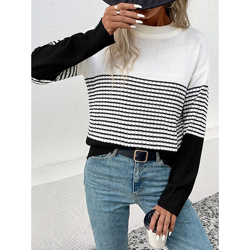 Women's Sweater Casual Soft Striped Ribbed Crew Neck Knitted Long Sleeve Regular Tops Knit Outdoor Daily Weekend Black Fall Winter