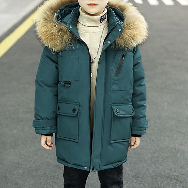 Kids Boys' Hoodie Jacket Puffer Jacket Outerwear Solid Color Long Sleeve Pocket Coat Outdoor Daily Basic Black Blue Green Fall Winter 4 years+3