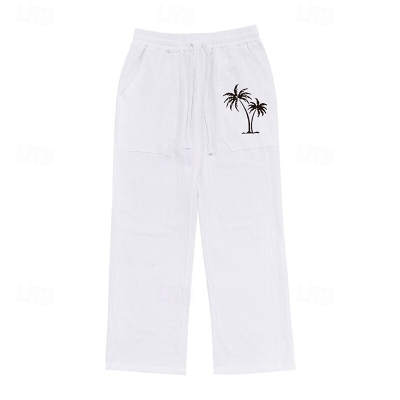 Men's Linen Pants Trousers Summer Pants Drawstring Elastic Waist Straight Leg Coconut Tree Comfort Breathable Full Length Outdoor Casual Daily Fashion Retro Vintage Black White4