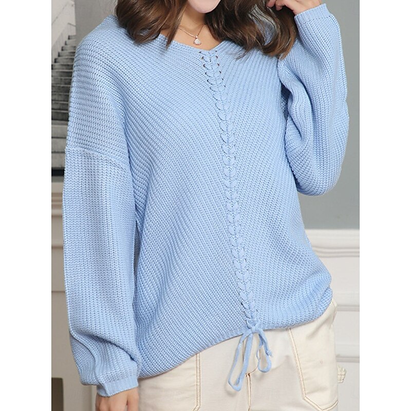 Women's Sweater Casual Soft Pure Color Cable V Neck Knitted Long Sleeve Regular Tops Knit Outdoor Daily Weekend Yellow Blue Fall Winter4