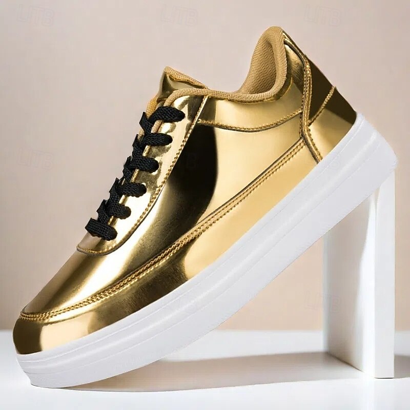 Men's Gold Metallic Low-Top Sneakers – Stylish Lace-Up Shoes with White Non-Slip Sole for Casual and Party Wear