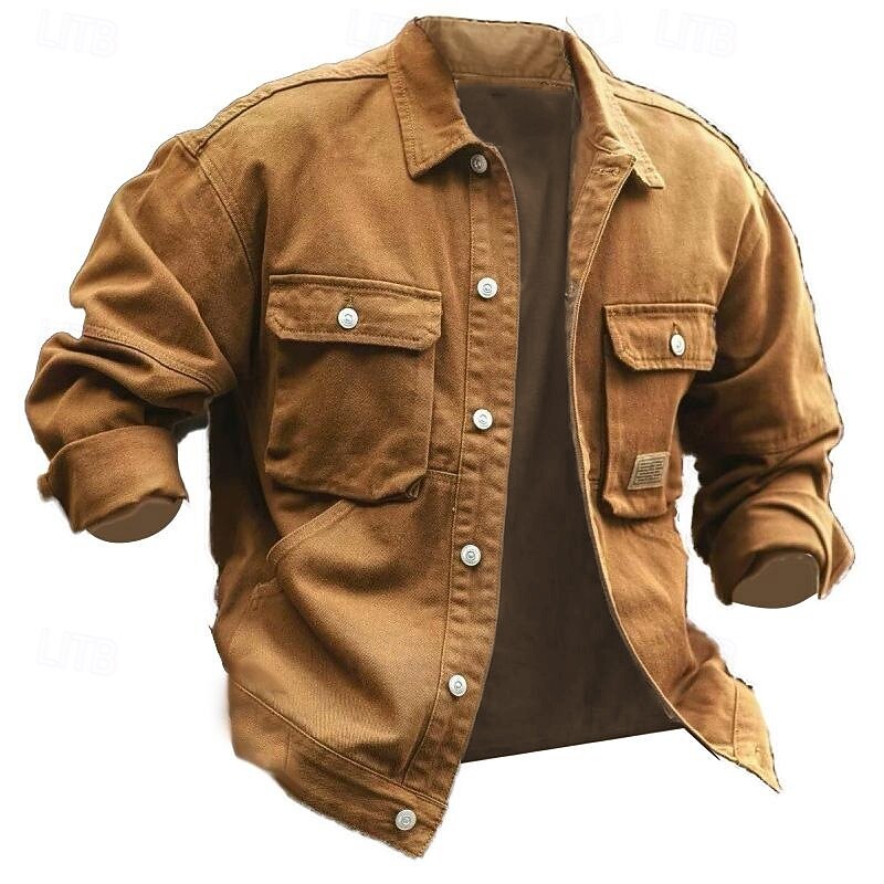 Men's Lightweight Jacket Shirt Jacket Casual Jacket Work Jacket Formal Home Pocket Spring Fall Winter Solid Color Vintage Fashion Turndown Regular Black Brown Green Khaki Jacket