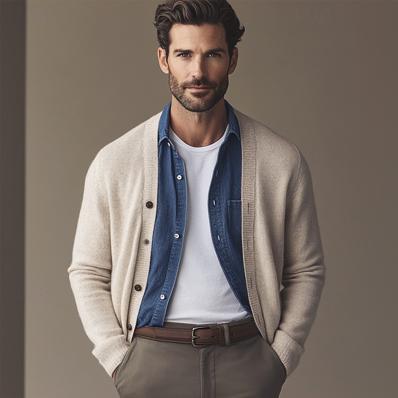 Men's Cardigan Sweater Cropped  Sweater Knit Sweater Ribbed Knit Regular Button Up Pocket Solid Color V Neck Fashion Classic Daily Wear Date Clothing Apparel Fall & Winter Black White S M L