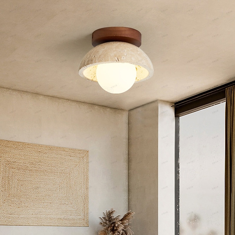 Mid Century Modern Hallway Ceiling Light White Milk Shade Small Marble Natural Stone Ceiling Light Wood Vintage Farmhouse Close to Ceiling Lamp for Bathroom Kitchen Corridor Entryway 15cm 110-240V