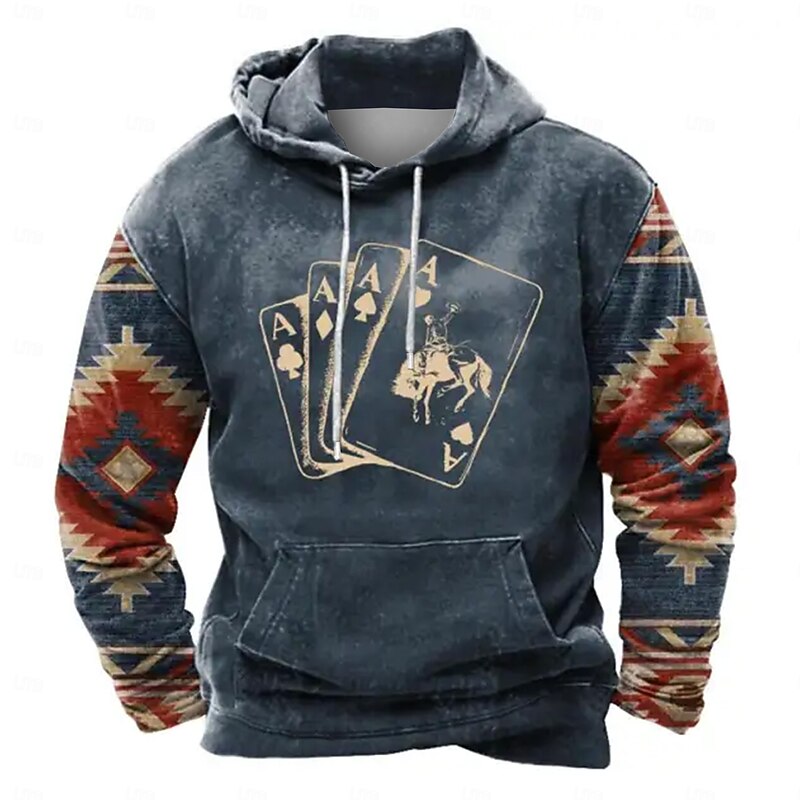 Men's Poker Hoodies Fashion Cool Long Sleeve Crew Neck Vacation Holiday Streetwear Black Blue Drawstring Fall Winter Designer2