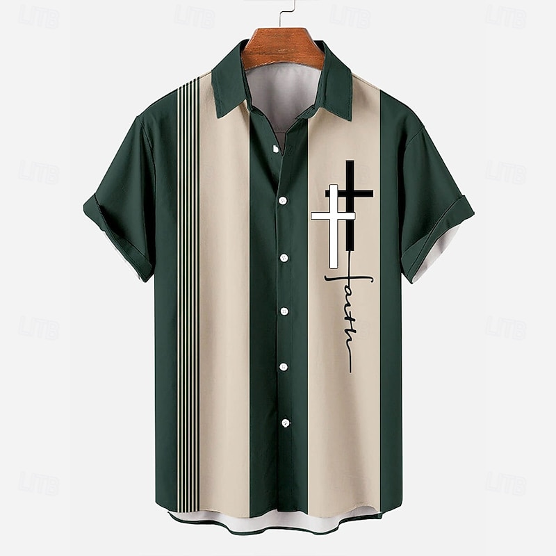 Men's Cross Shirt Bowling Shirt Button Up Shirt Short Sleeve Sporty Casual Casual Summer Turndown Green