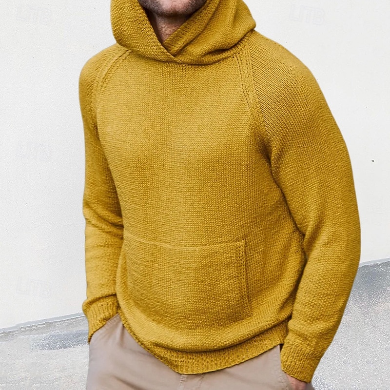 Men's Pullover Sweater Jumper Knit Sweater Ribbed Knit Regular Tops Knitted Plain Hooded Fashion Basic Vacation Daily Wear Clothing Apparel Fall Winter Yellow Brown M L XL2