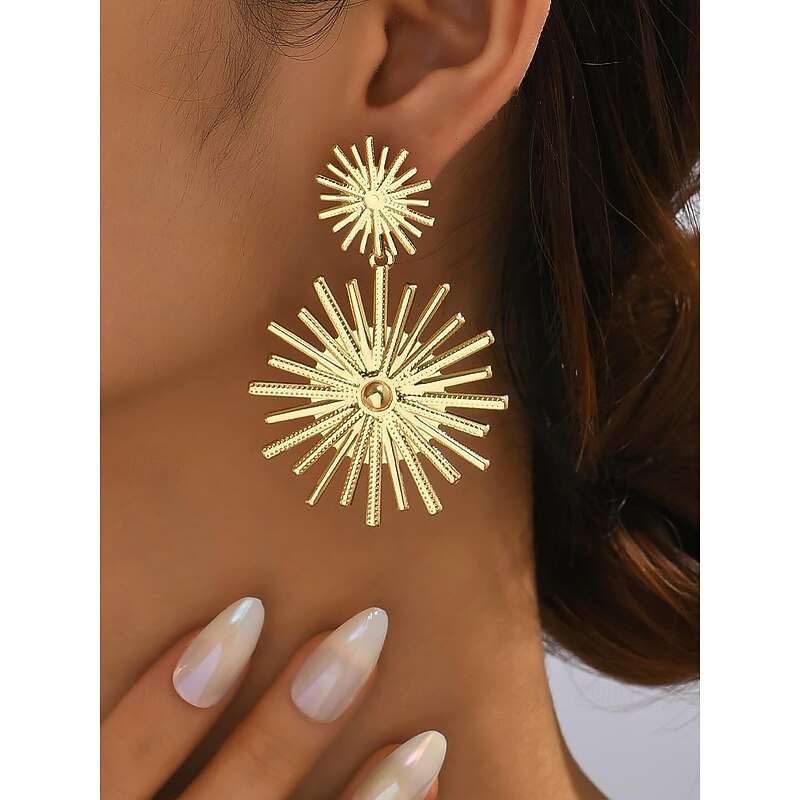 Women's Gold Sunburst Statement Earrings – Bold Geometric Drop Earrings for Parties, Weddings, and Special Occasions