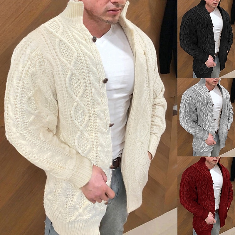 Men's Dress Sweater Cardigan Sweater Cable Knit Knitted Solid Color Stand Collar Stylish Casual Outdoor Home Clothing Apparel Fall Winter Black Red S M L