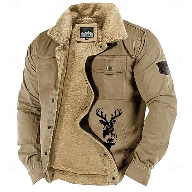 Men's Reindeer Print Embroidered Fleece Jacket Sherpa Hunting Jacket Work Cargo Jacket Turn-Down Collar Warm Winter Cotton Jacket Vintage Casual Going Out Coat Multi-Pockets