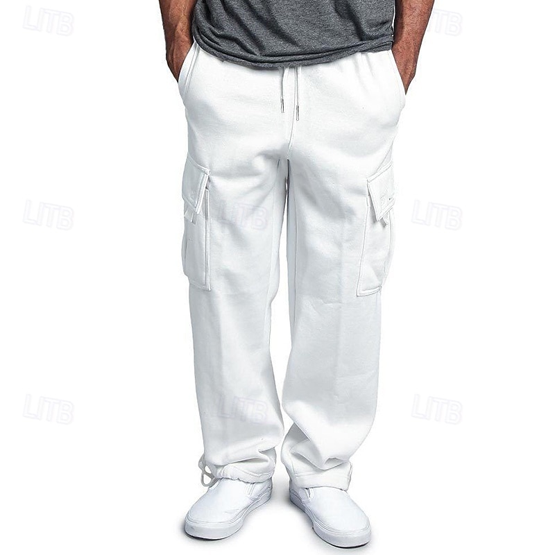 Men's Fleece Pants Sweatpants Joggers Trousers Cargo Sweatpants Drawstring Elastic Waist Multi Pocket Solid Color Windproof Outdoor Full Length Casual Daily Fashion Streetwear Loose Fit Black White4