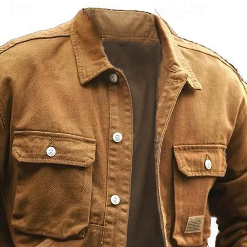 Men's Lightweight Jacket Shirt Jacket Casual Jacket Work Jacket Formal Home Pocket Spring Fall Winter Solid Color Vintage Fashion Turndown Regular Black Brown Green Khaki Jacket2