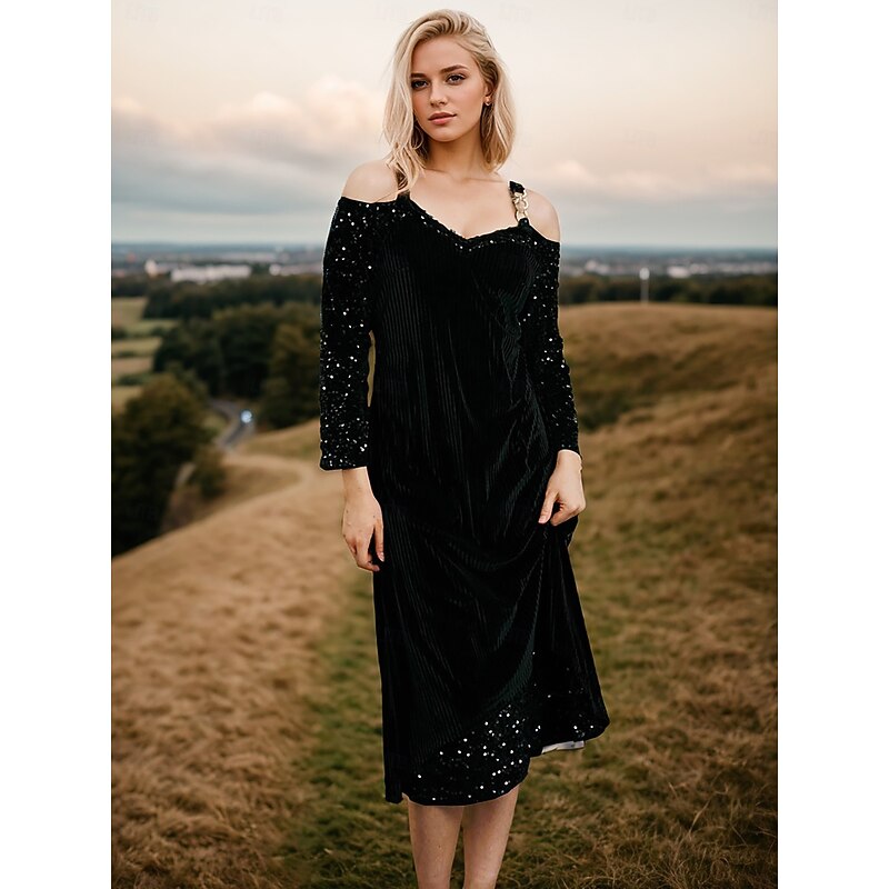 Velvet Cold Shoulder V Neck Midi Dress