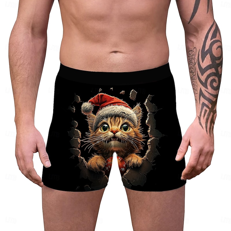 Cat Santa Claus Christmas Pajamas Boxer Briefs Underwear Christmas Gift Men's Funny Christmas Pattern Adults Christmas New Year Christmas Eve Christmas Party3
