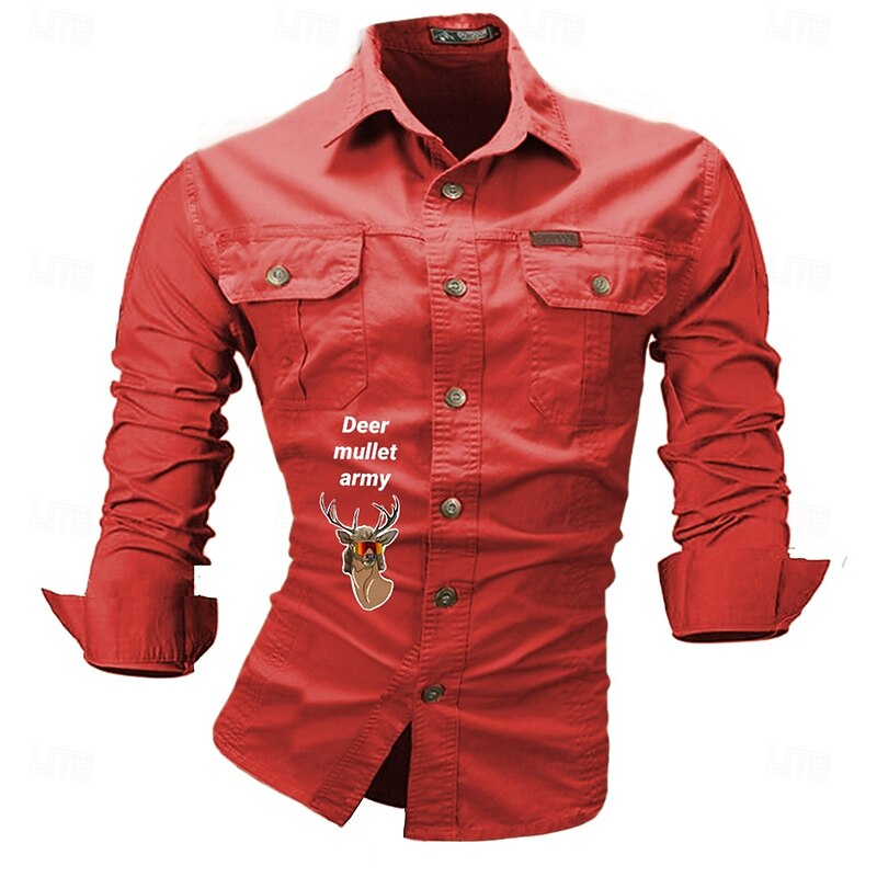 Men's Letter Printed Deer Work Shirt Western Shirt Cargo Shirt Long Sleeve Western Casual Sports & Outdoor Going out Hunting Spring Fall Turndown Print Black White Army Green Red Blue