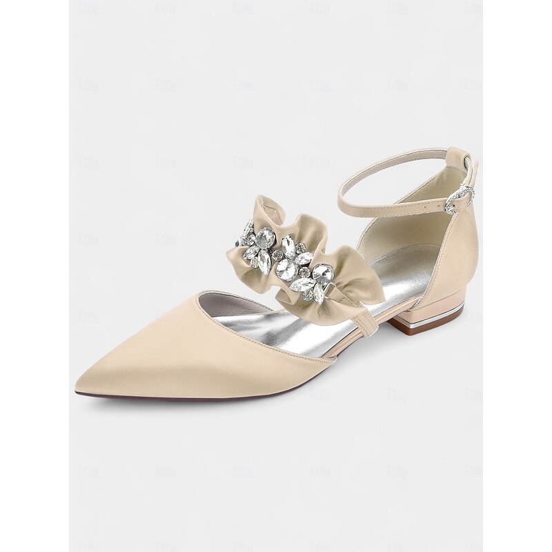 Women's Black Satin Pointed-Toe Flats with Rhinestone Floral Embellishments – Elegant Shoes for Weddings and Formal Events2