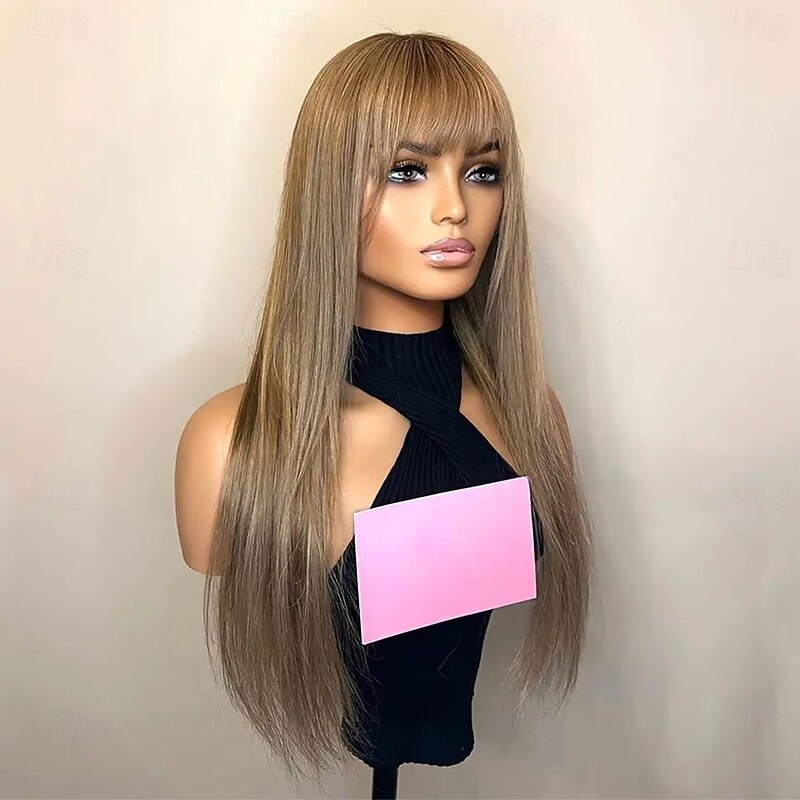 Remy Human Hair 5x5 Closure 13x4 Lace Front Wig With Bangs Brazilian Hair Straight Brown Wig 130% 150% Density with Baby Hair Natural Hairline Glueless Pre-Plucked For Women Long Human Hair Lace Wig4
