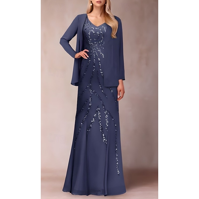Two Piece Sheath / Column Dress Suit Mother of the Bride Dress Elegant Sparkle & Shine V Neck Floor Length Chiffon Sequined Short Sleeve with Sequin