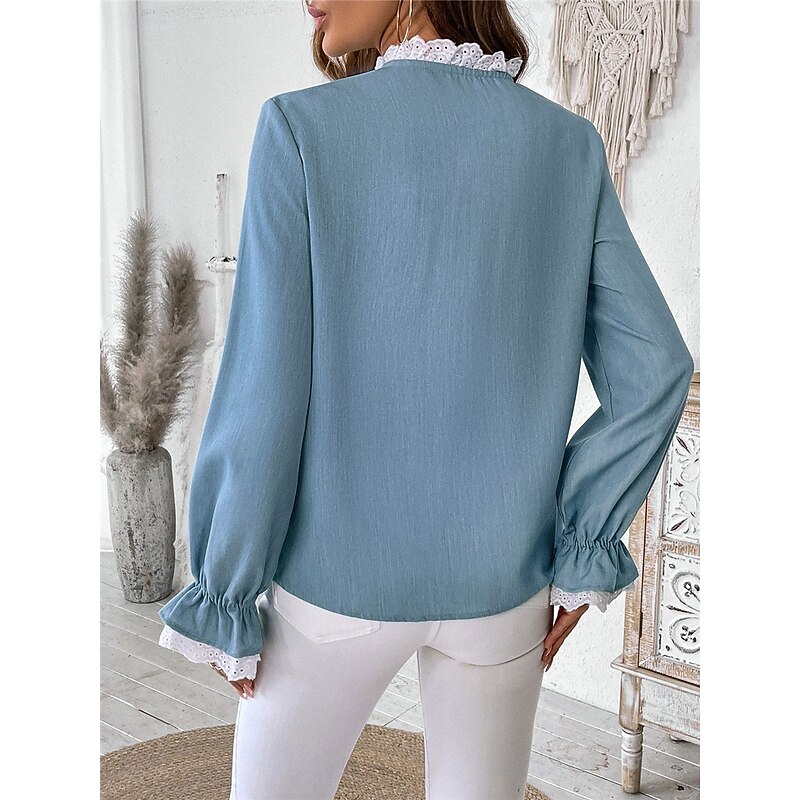 Women's Shirt Blouse Solid Color Basic Casual Long Sleeve V Neck Regular Tops Daily Lace Patchwork Buttons Blue Fall Winter2