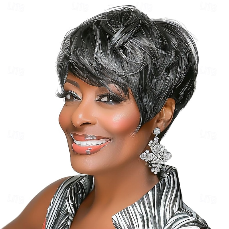 Short Wigs for Black Women Pixie Cut Wig Synthetic Short Side Part Pixie HairCut Wigs with Bangs for Old Women Short Straight Pixie Wigs Natural Short Layered Wigs