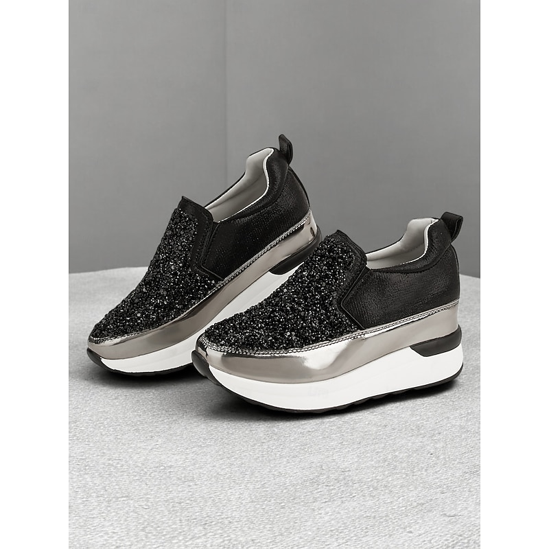 Women's Black Slip-On Sneakers with Glitter Embellishments and Platform Sole – Stylish Casual Shoes for Everyday Wear2