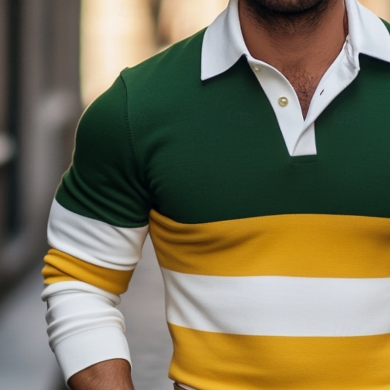 Men's Color Block Stripes Rugby Polo Shirts Long Sleeve Polo Shirts Lapel Classic Fashion 3D Print Modern Casual Sports Stripe Fall Winter Blue Green2